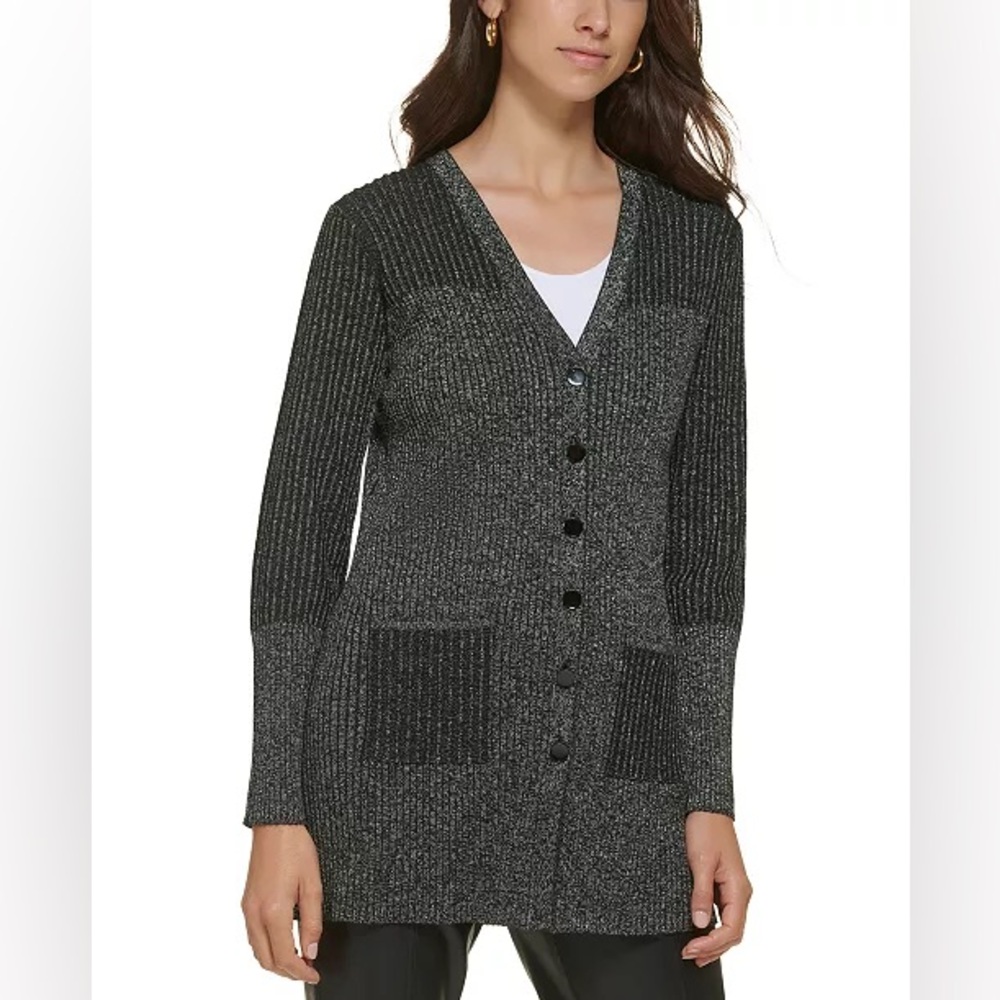 Karl Lagerfeld Paris Textured Knit Ribbed Lurex V-Neck Cardigan